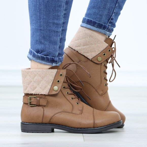 Flat Combat Lined Ankle Boots Tan Faux Leather Booties - Picture 3 of 10